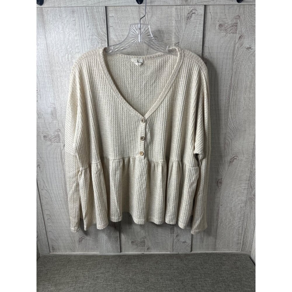 Lovely Melody Womens Beige Waffle Knit Peplum Button Top Size M Oversized
